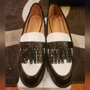 Black and white Patent Leather Loafers with small chunky heel never worn